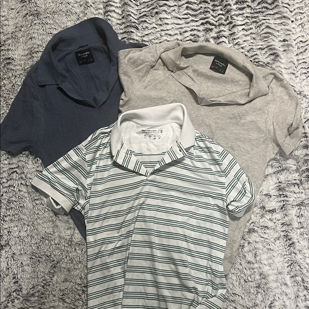 Abercrombie & Fitch Men's Polo Shirt Set in Navy, Gray, and Striped White